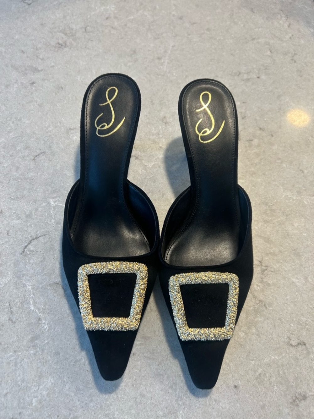Sam Edelman Black Pointed Mule Heels with Gold Buckle Accent